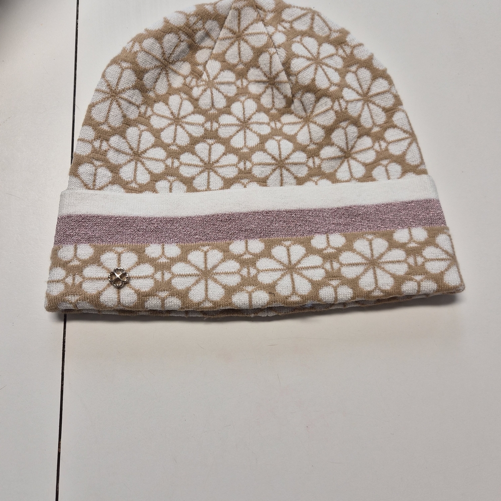 Kate Spade Tan and White Floral Beanie